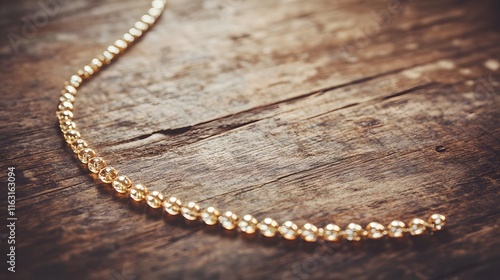 Golden beaded necklace rests on rustic wooden surface