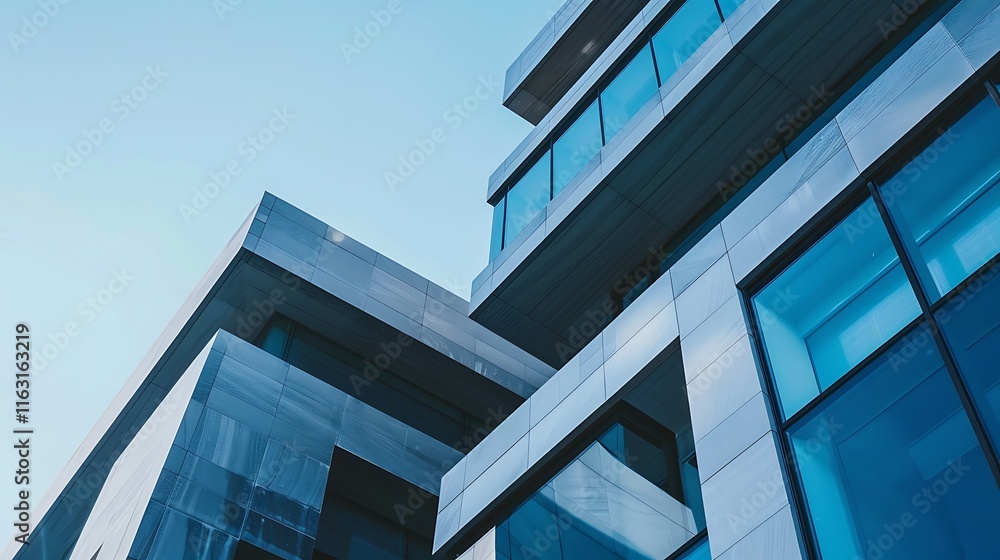 low-angle shot showcasing a modern building's intricate design and sleek glass facade. The building's geometric lines and blue tones create a striking image. low-angle shot showcasing a modern building's intricate design and sleek glass facade. The building's geometric lines and blue tones create a striking image.