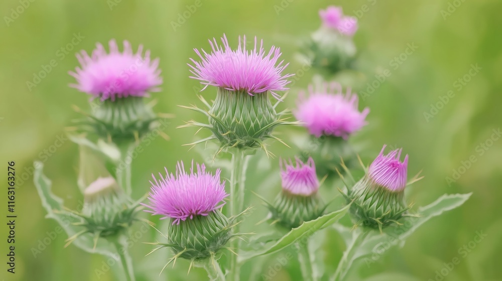 Obraz premium Closeup photo of blooming Marian thistle flowers. Pink flowers, green leaves show flora beauty. Wild plant grows in meadow garden. Natural summertime colors. Plant in field. Macro photo gives detail
