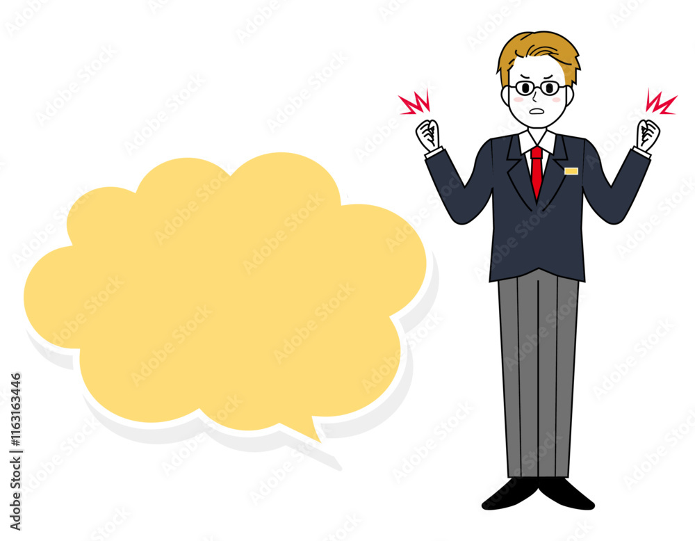 Obraz premium 接客をする男性販売員のイラスト 男性のビジネスマンの全身イラスト ふきだし 見出し