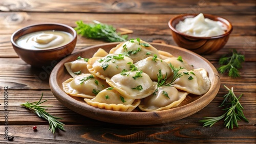 steaming hot plate of assorted homemade pierogi dumplings on a wooden table with fresh dill and sour cream served alongside , traditional polish food, homemade pierogi photo