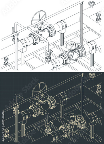 Natural gas metering skid close-up isometric blueprints