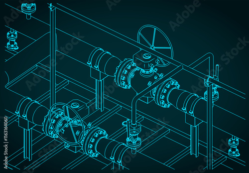Natural gas metering skid close-up isometric illustration