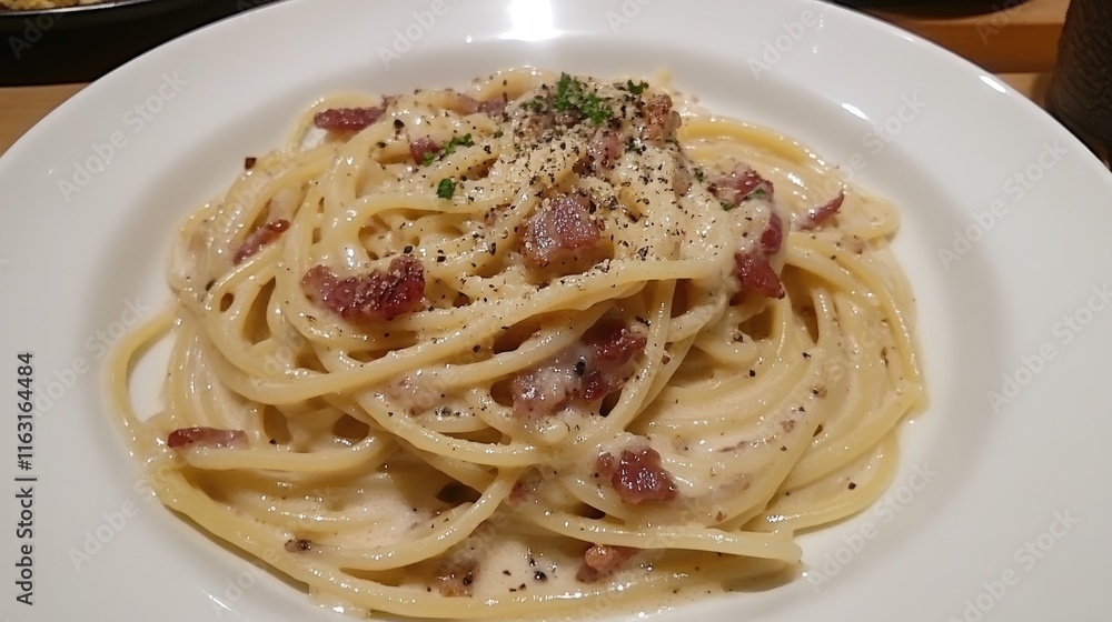 Creamy Spaghetti Dish with Bacon and Pepper on a White Plate Creamy Spaghetti Dish with Bacon and Pepper on a White Plate