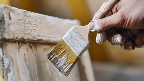 A close-up shot of a hand holding a paintbrush, applying a fresh coat of white paint to a wooden chair, showcasing creativity and DIY home improvement.