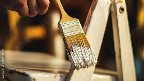 A close-up shot of a hand holding a paintbrush, applying a fresh coat of white paint to a wooden chair, showcasing creativity and DIY home improvement.
