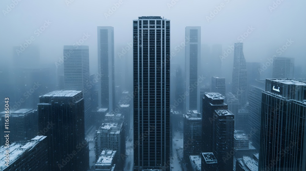 A Haunting Cityscape Covered in Snow: Majestic Towers Embrace the Winter Chill and Stillness. Time Management Concept A Haunting Cityscape Covered in Snow: Majestic Towers Embrace the Winter Chill and Stillness. Time Management Concept