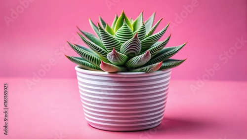 Vibrant succulent leaves, a pristine white pot, and a rosy pink background: home décor goals. photo