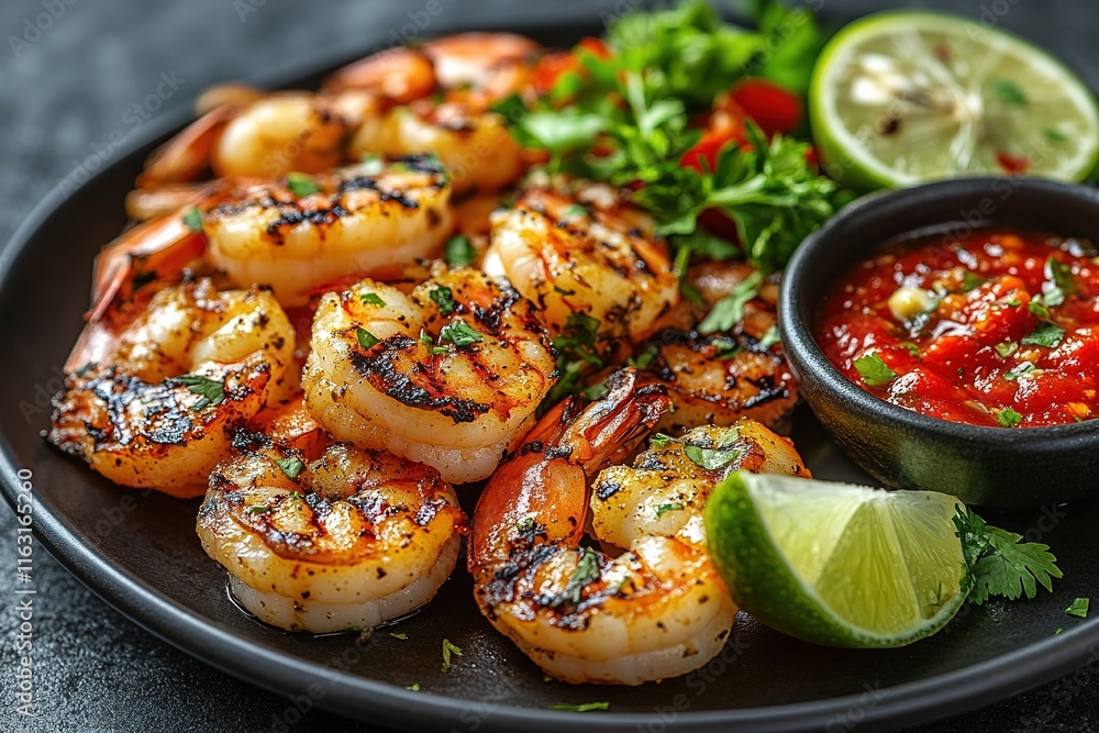 Grilled shrimps or prawns served with lime, garlic and white sauce on a dark concrete background. Seafood. Top view with copy space. Flat lay. Grilled shrimps or prawns served with lime, garlic and white sauce on a dark concrete background. Seafood. Top view with copy space. Flat lay.