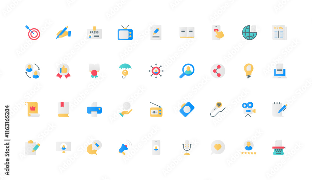 © lembergvector - News in social media and press, advertising campaign for online creative content to print and publish color icon set. Story, text of article in blog and inspiration flat elements vector illustration