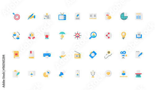 News in social media and press, advertising campaign for online creative content to print and publish color icon set. Story, text of article in blog and inspiration flat elements vector illustration