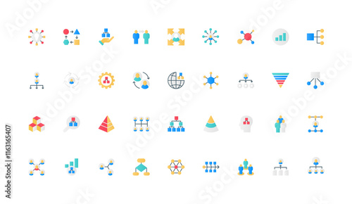 Organizational structure of corporate company, org chart and hierarchy of employees group color icon set. Business workforce, tree flowchart with chairman, pyramid flat elements vector illustration