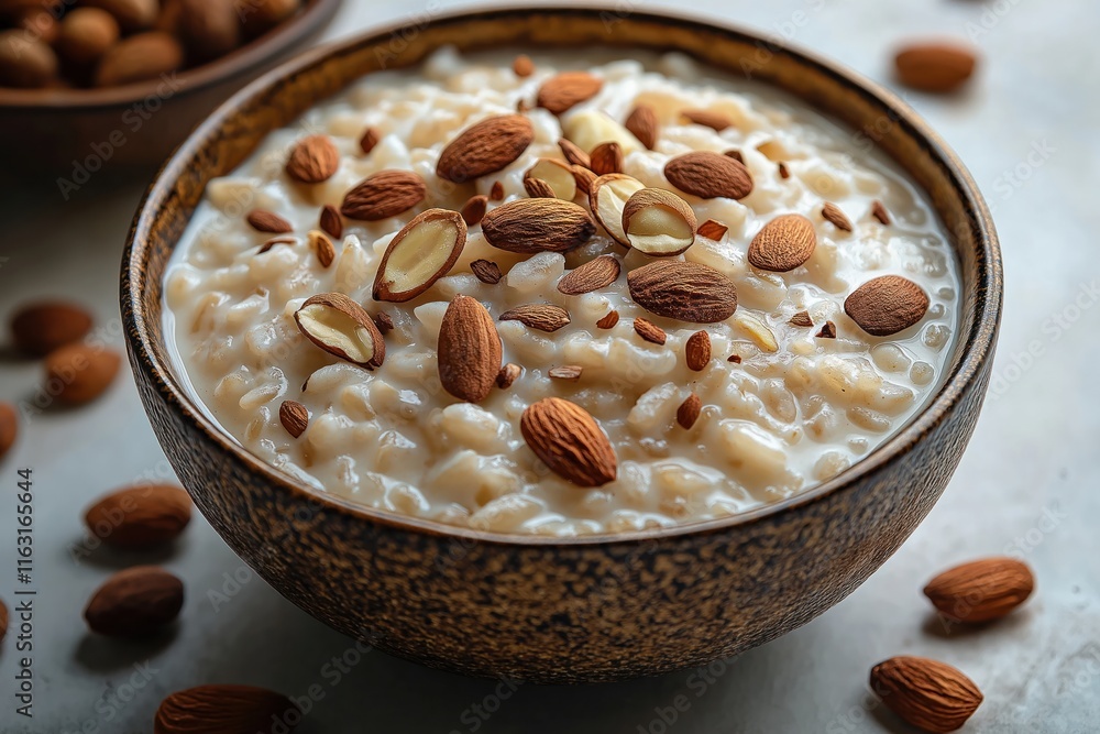 Indian rice pudding bowl full of creamy rice. Almonds scattered on top. Bowl dark brown color. Sweet dessert served on white background. Healthy breakfast option. Tasty, traditional Indian food. Indian rice pudding bowl full of creamy rice. Almonds scattered on top. Bowl dark brown color. Sweet dessert served on white background. Healthy breakfast option. Tasty, traditional Indian food.