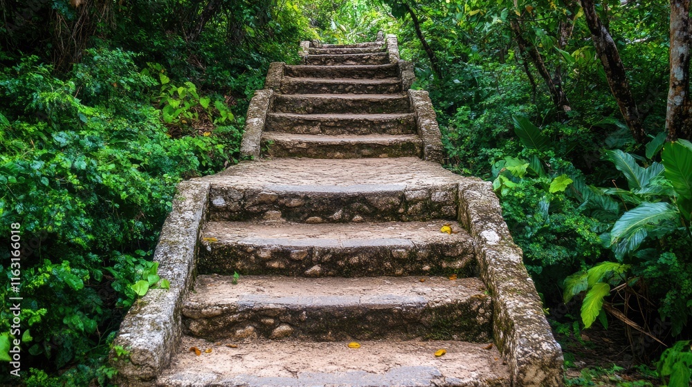 Serene Stone Steps Leading into Lush Green Forest Pathway Serene Stone Steps Leading into Lush Green Forest Pathway