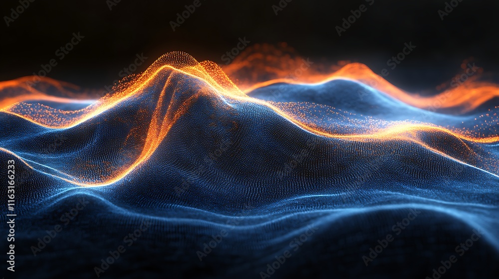 Obraz premium Abstract Blue and Orange Particle Wave Landscape