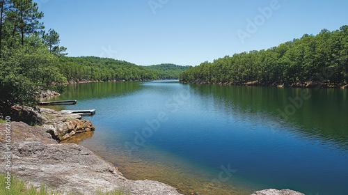 Serene Landscape with Calm Lake Surrounded by Lush Green Forest