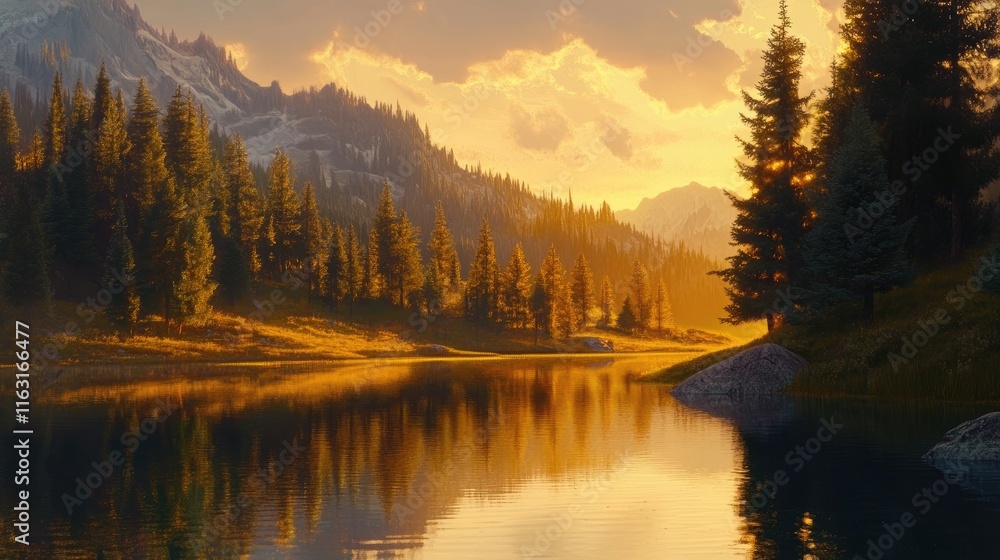 Fototapeta premium Serene Sunset Over Tranquil Lake Surrounded by Majestic Mountains