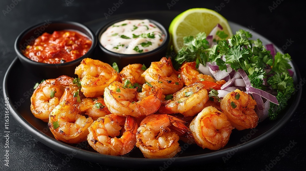 Grilled shrimps or prawns served with lime, garlic and white sauce on a dark concrete background. Seafood. Top view with copy space. Flat lay. Grilled shrimps or prawns served with lime, garlic and white sauce on a dark concrete background. Seafood. Top view with copy space. Flat lay.