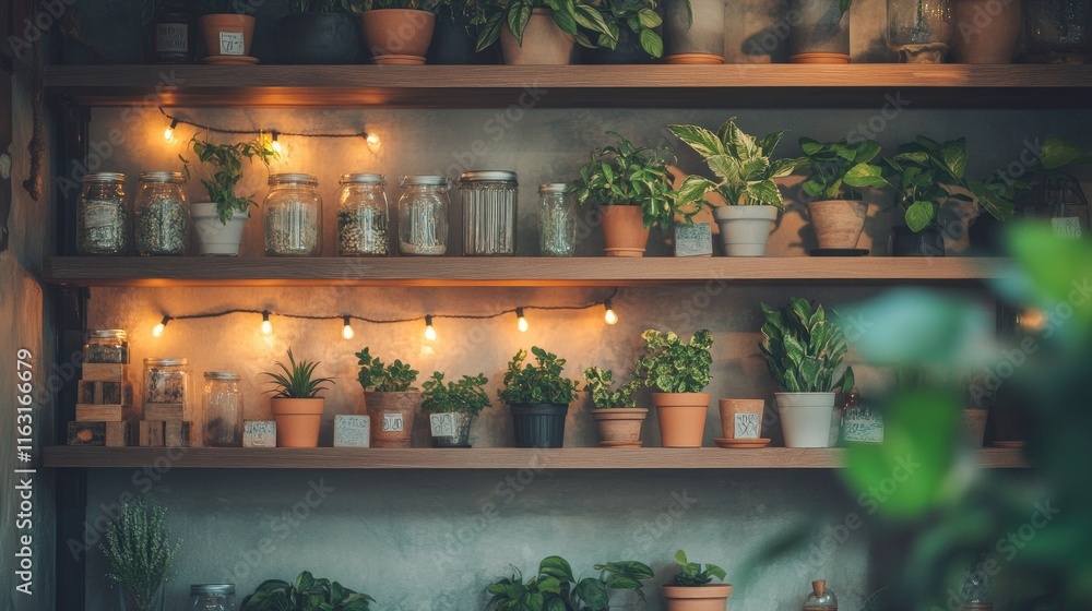 Cozy Indoor Plant Shelf with Warm Lights and Various Greenery Cozy Indoor Plant Shelf with Warm Lights and Various Greenery