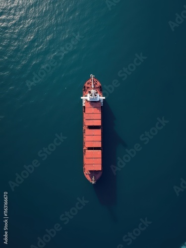 A majestic red cargo ship dominates the dark teal blue waters, its massive shadow stretching across the calm sea like an outstretched arm photo