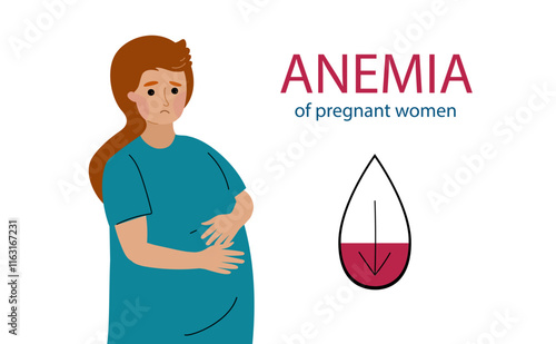 Pregnant women suffer from anemia. Anemia pregnancy infographic. Hypoglycemia concept. disease, Prevention. Vector illustration hand drawn flat