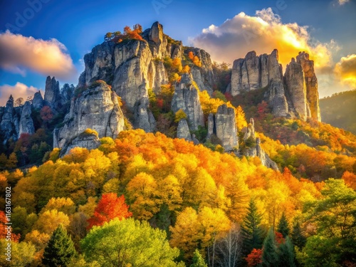 West Virginia's Seneca Rocks blaze in autumn glory; a close-up, long exposure reveals its fall foliage splendor. photo