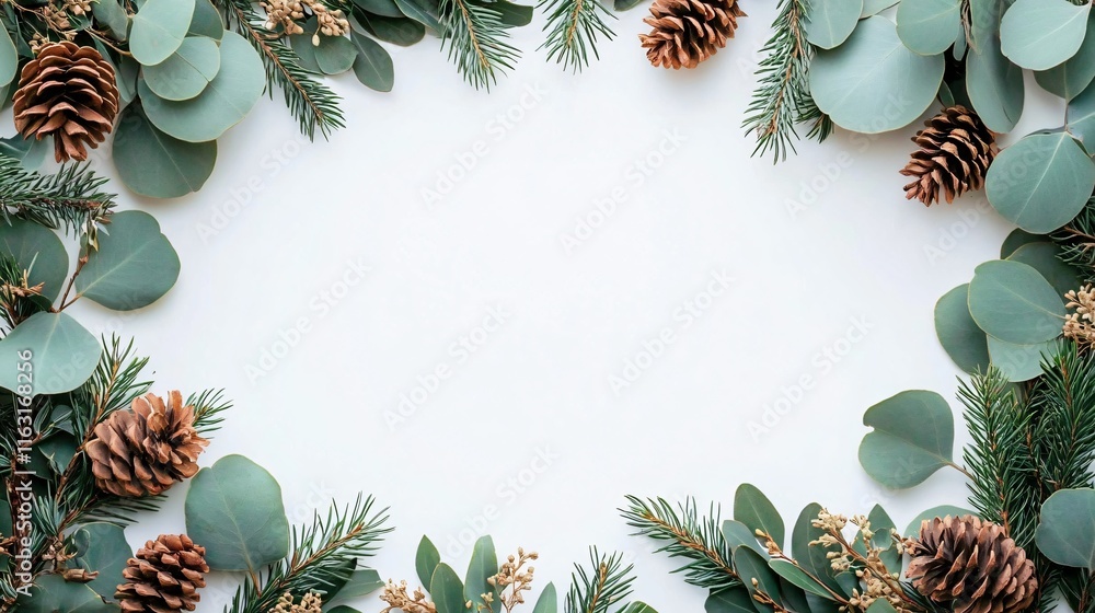 Fototapeta premium Beautiful flat lay of eucalyptus and pinecones in a decorative frame on a white background, perfect for seasonal designs, nature themes, or organic product promotions.