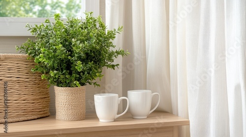Wallpaper Mural Cozy Interior Scene with Green Plant and White Coffee Mugs Torontodigital.ca