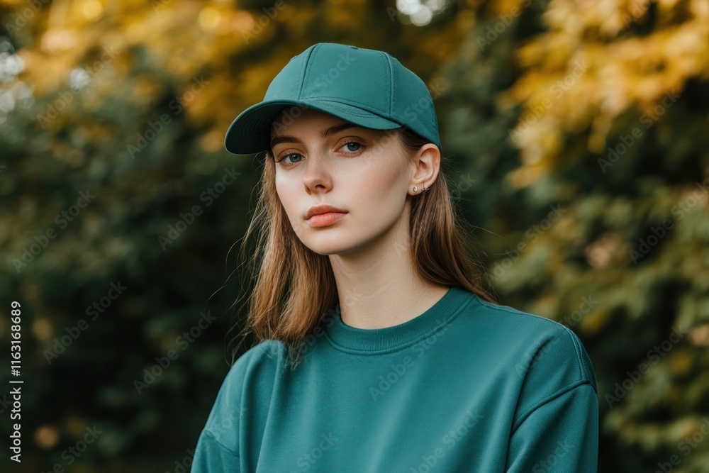 Explore the essence of casual style with a serene park setting featuring a green baseball cap and simple outdoor wear This image captures a relaxed look, perfect for nature walks or everyday Explore the essence of casual style with a serene park setting featuring a green baseball cap and simple outdoor wear This image captures a relaxed look, perfect for nature walks or everyday