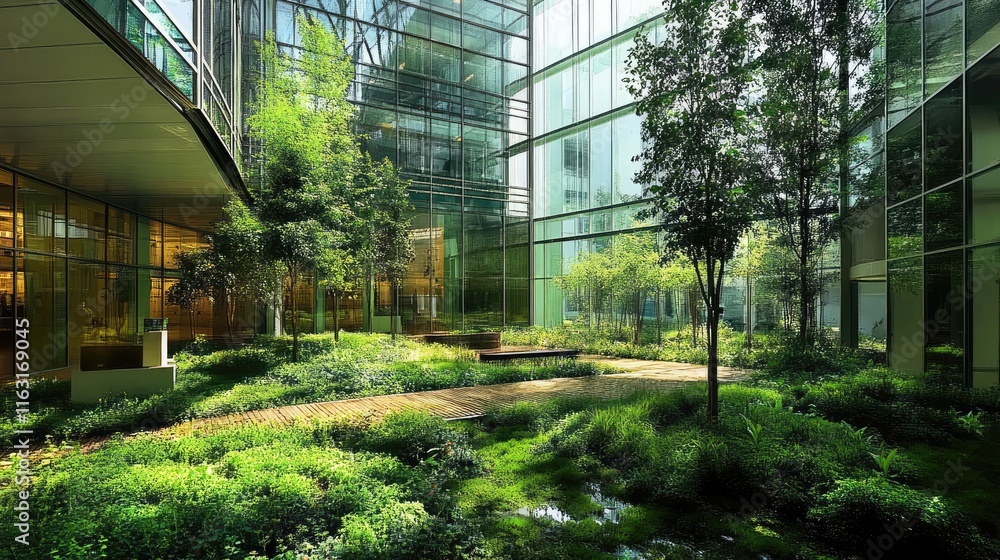 Lush Greenery and Modern Architecture in Urban Courtyard Oasis Lush Greenery and Modern Architecture in Urban Courtyard Oasis