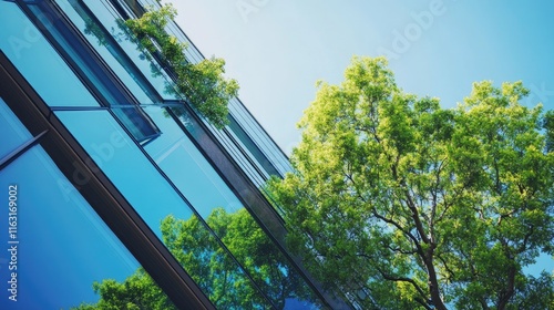 Modern Building Reflection with Tree Under Bright Blue Sky photo