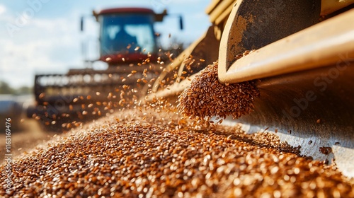 Harvester collecting flax seeds in a field.