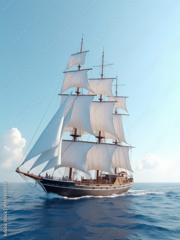 A majestic, three-masted sailing ship cuts through the vast ocean under billowing white sails that dance in the wind's gentle caress A majestic, three-masted sailing ship cuts through the vast ocean under billowing white sails that dance in the wind's gentle caress