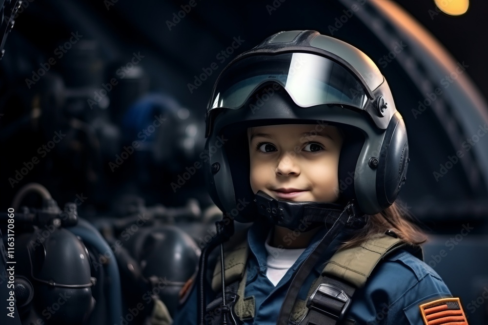 Portrait of a cute little girl dressed as a pilot with helmet and goggles Portrait of a cute little girl dressed as a pilot with helmet and goggles