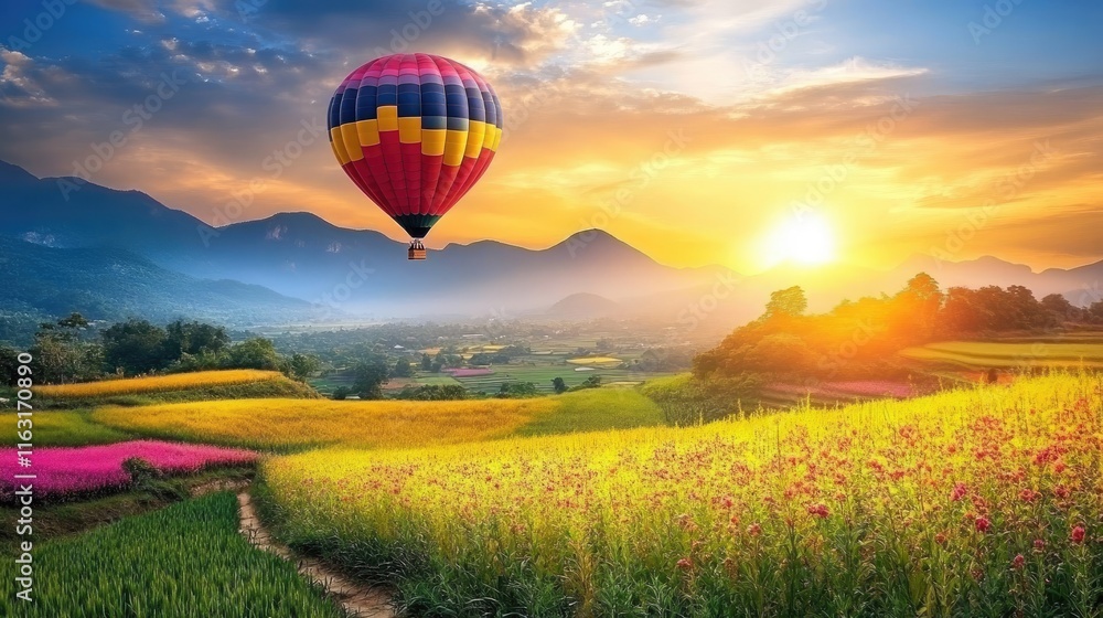 Fototapeta premium Colorful Hot Air Balloon Over Majestic Sunrise in Scenic Landscape