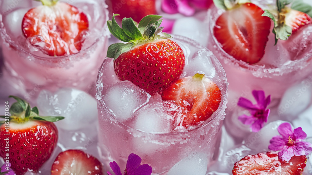 Iced pink strawberry drinks garnished with flowers on a vibrant background Iced pink strawberry drinks garnished with flowers on a vibrant background
