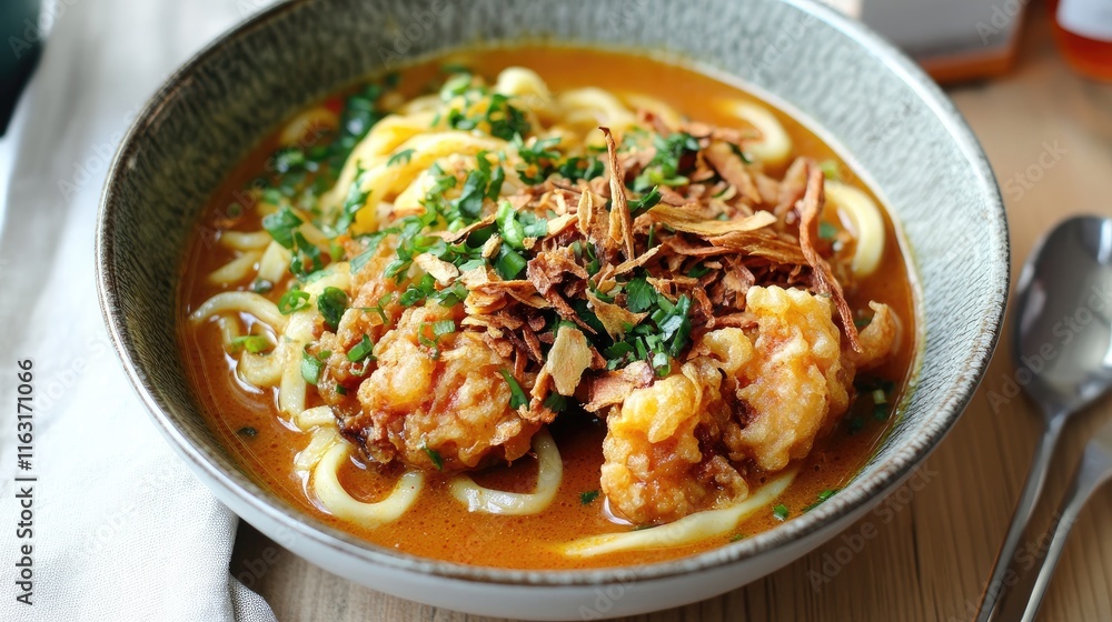 Delicious Deep Fried Chicken with Noodle Soup Garnished with Herbs Delicious Deep Fried Chicken with Noodle Soup Garnished with Herbs