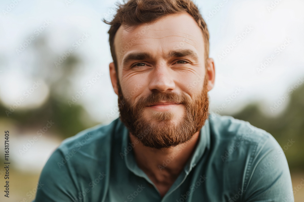 Natural Outdoor Portrait of a Smiling Bearded Man With Warm Expression and Casual Green Shirt in Soft Light Natural Outdoor Portrait of a Smiling Bearded Man With Warm Expression and Casual Green Shirt in Soft Light