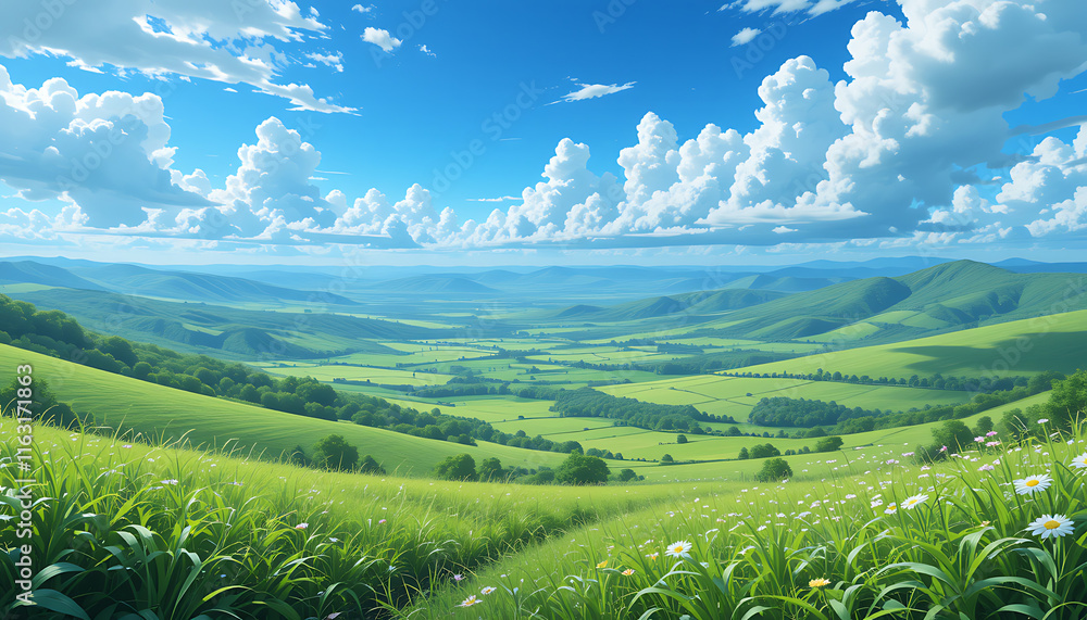 Fototapeta premium Wide-Angle Anime Panoramic Landscape of Green Clouds in the Sky – AI-Generated Artwork