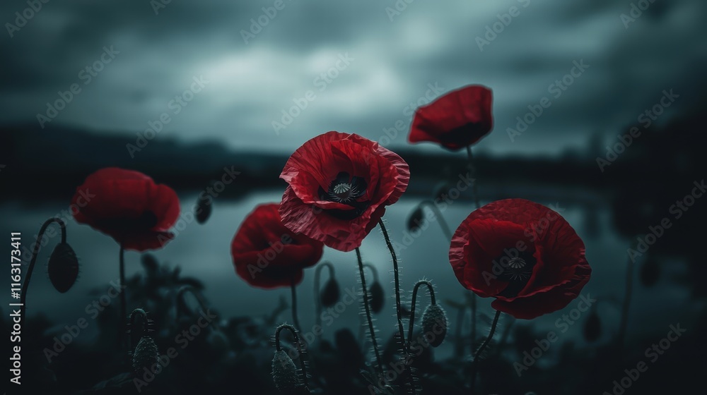 Obraz premium Dark Moody Landscape with Red Poppies Against a Cloudy Sky