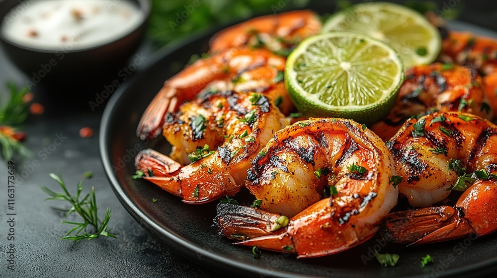 Grilled shrimps or prawns served with lime, garlic and white sauce on a dark concrete background. Seafood. Top view with copy space. Flat lay. Grilled shrimps or prawns served with lime, garlic and white sauce on a dark concrete background. Seafood. Top view with copy space. Flat lay.