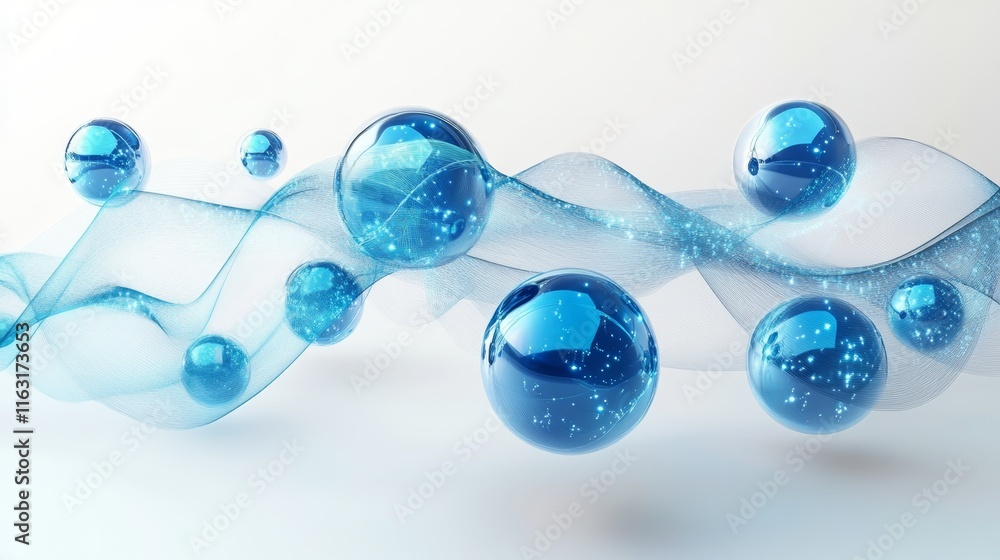 Glowing Blue Abstract 3D Orbs Connected by Digital Lines on White Background Glowing Blue Abstract 3D Orbs Connected by Digital Lines on White Background