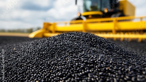 Harvested black beans piled high before a combine harvester. photo