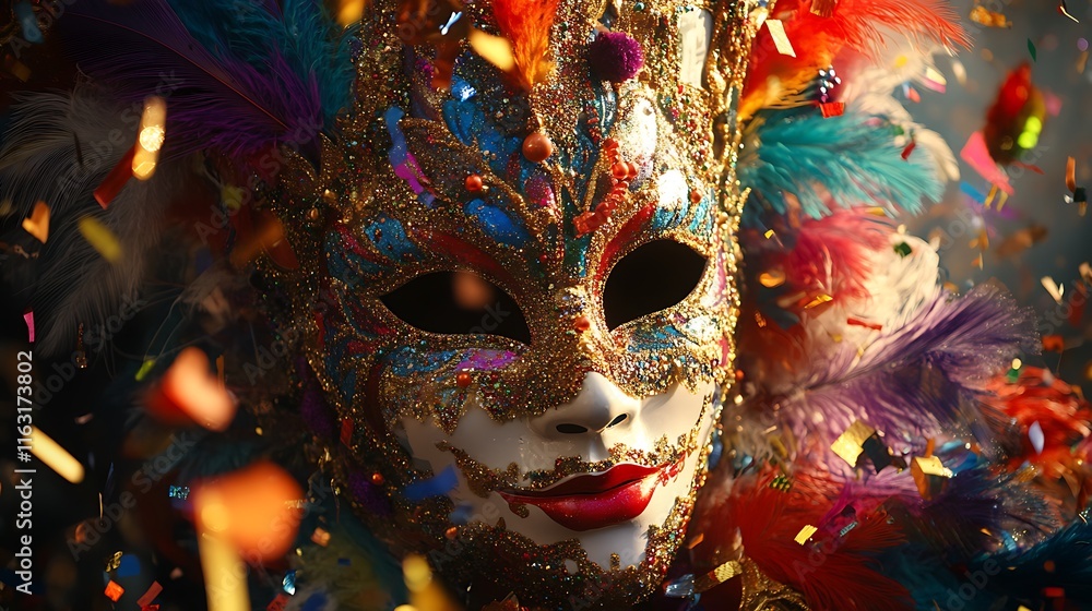 Naklejka premium An elaborate Mardi Gras mask decorated with colorful feathers and beads, surrounded by festive confetti and streamers, evoking the joyful and lively spirit of the holiday