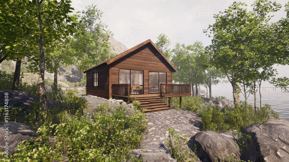 Cozy wooden cabin by a serene lakeside surrounded by trees. Cozy wooden cabin by a serene lakeside surrounded by trees.
