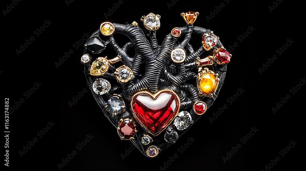 Fototapeta premium Intricate heart-shaped brooch featuring gemstones, with a unique tree branch design, set against a black background for a striking, elegant appearance.