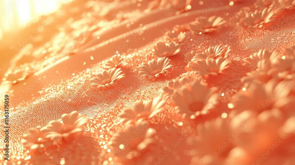 Soft Peach Fabric with Floral Embellishments and Glittering Accents