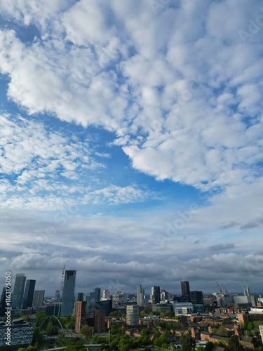 Aerial View of Buildings at Greater Manchester Central City, Northwest of England, United Kingdom. Aerial View Footage Was Captured with Drone's Camera on May 4th, 2024 During Sunset Time. photo