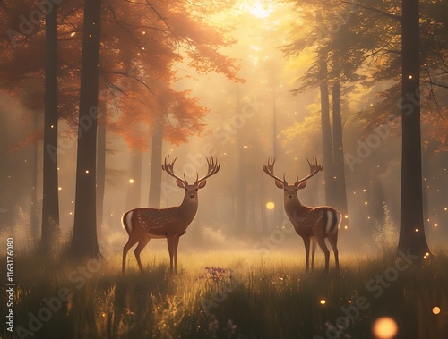 Enchanting Forest Scene with Two Majestic Deer Standing Amid Golden Sunlight and Autumn Trees, Highlighting Nature’s Serenity, Wildlife Beauty, and a Magical Atmosphere for Nature and Wildlife Enthusi photo