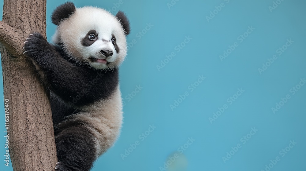 Fototapeta premium Adorable Panda Cub Climbing a Tree